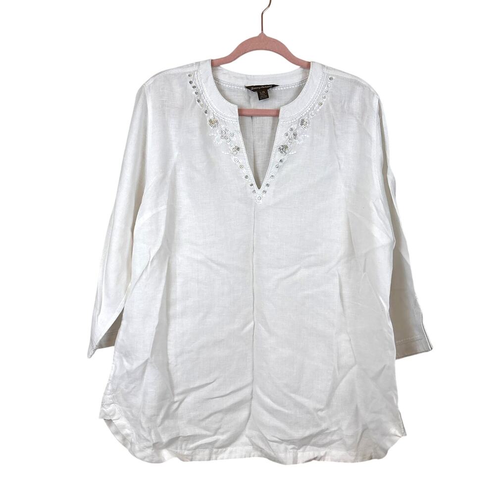 Tommy Bahama Womens L White Linen Floral Embroidered Sequin Blouse NEW